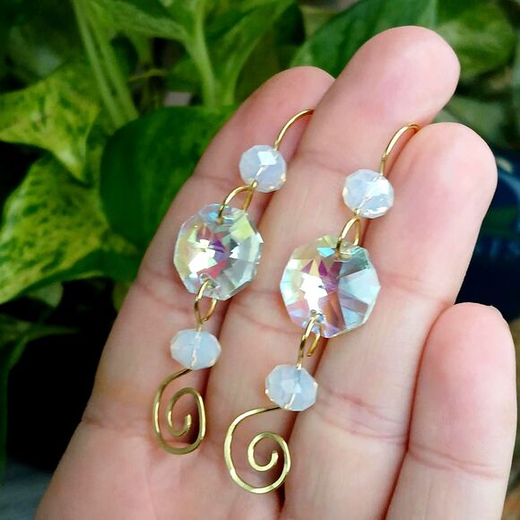 Statement Holographic Hammered Dangle Earrings, Rainbow Boho Swirl - Picture 4 of 9